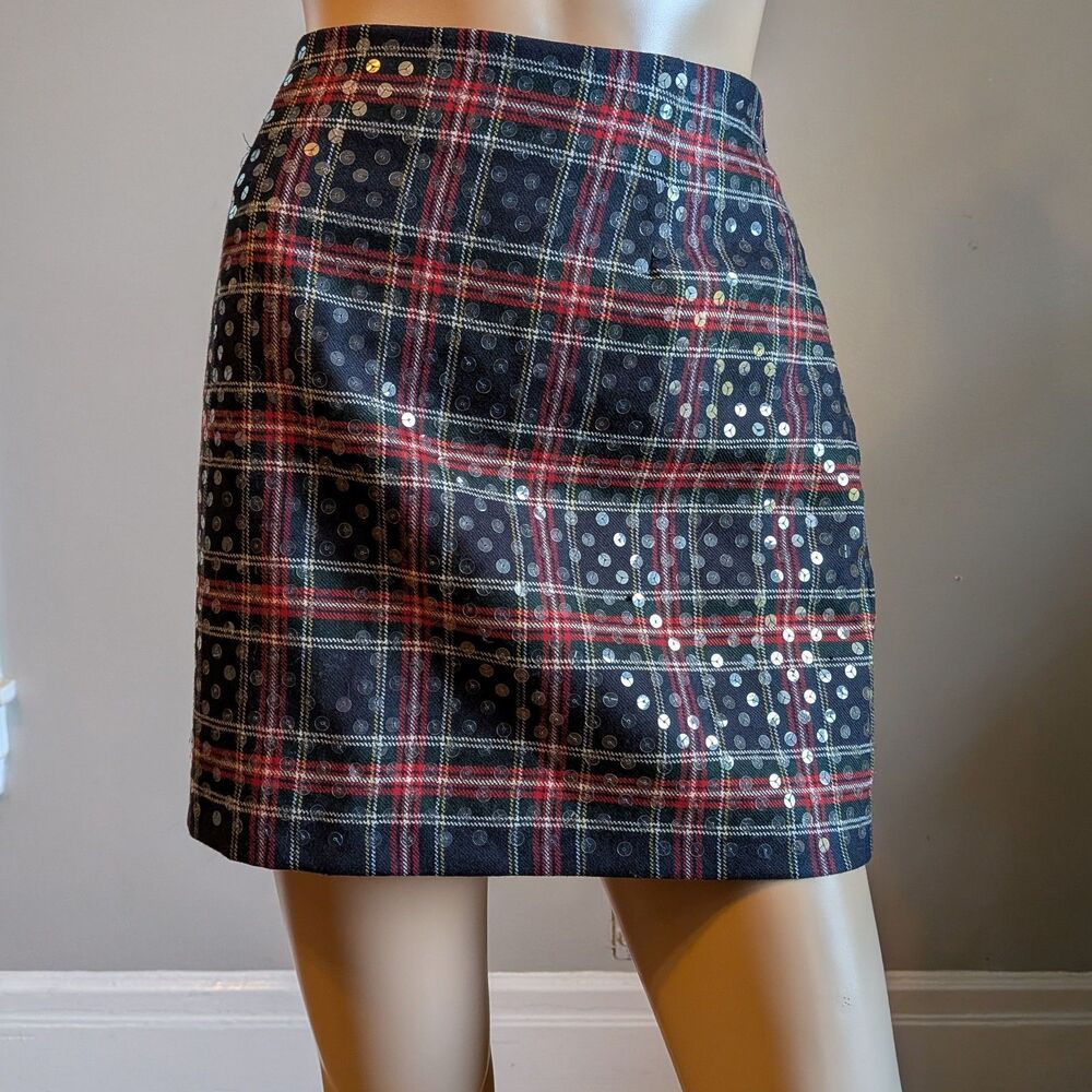 Vintage Y2K Express Sequin Plaid Mini Skirt Wool Dark Academia Clueless Size 7/8